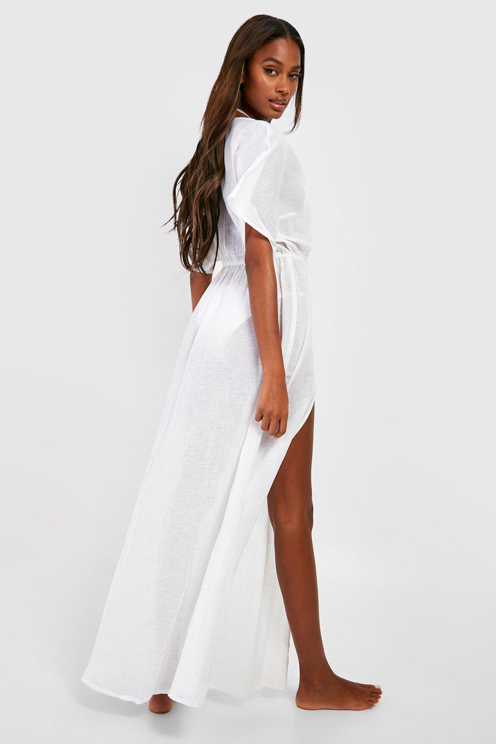 Linen Look Tie Waist Maxi Beach Kaftan Dress